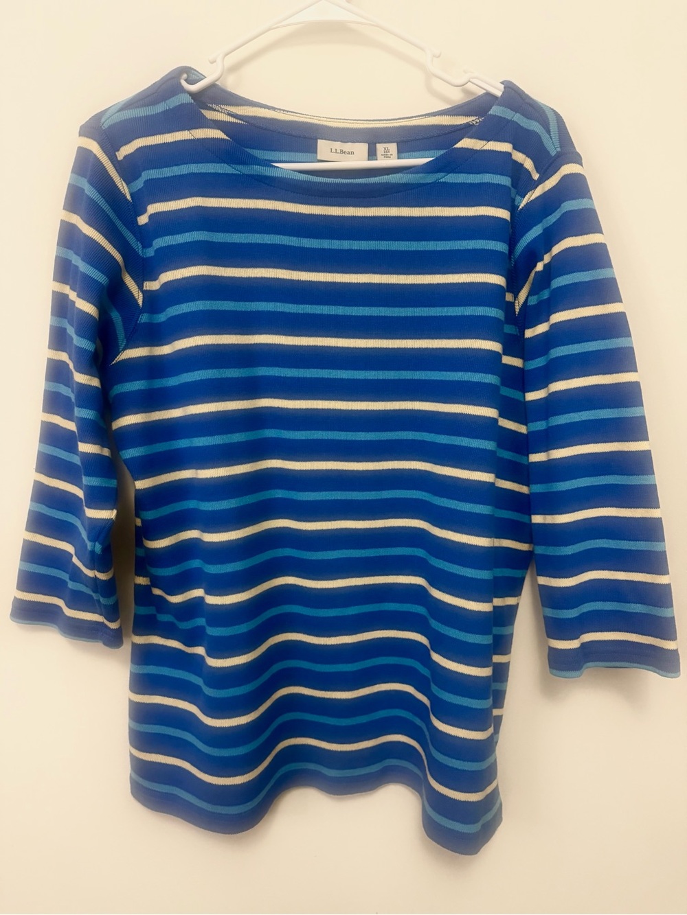 L.L.Bean Women’s XL 100% Cotton Blue Striped Knit Top 3/4 Sleeve